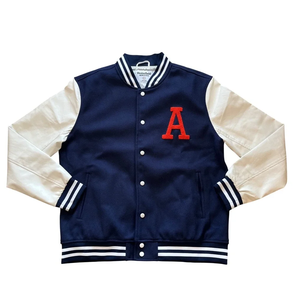 Homefield Auburn Men Varsity Jacket Navy Blue Cream Letterman Chenille A PatchXL